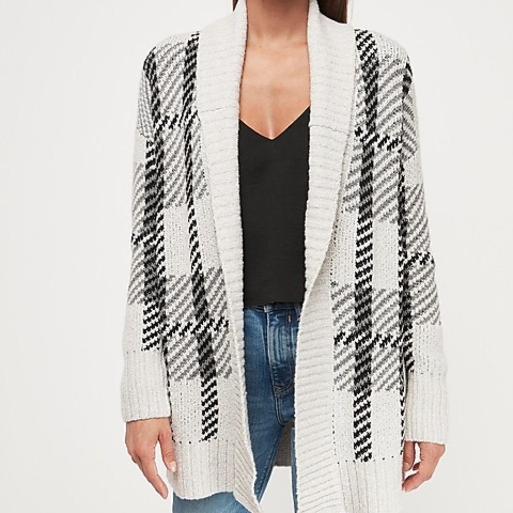 NEW EXPRESS GRAY PLAID OPEN FRONT SWEATER CARDIGAN LARGE $118